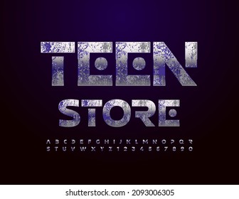 Elegante logo vectorial Teen Store. Tipografía metálica rugosa. Conjunto único de letras y números de alfabeto de moda