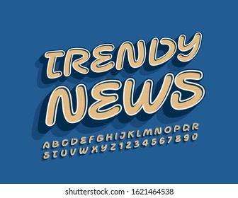 Vector stylish logo Trendy News. Handwritten Alphabet Letters and Numbers. Artistic 3D Font