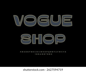 Vetor Stylish logo Vogue Shop. Fonte Denim Preta. Conjunto de letras e números do alfabeto de moda moderna