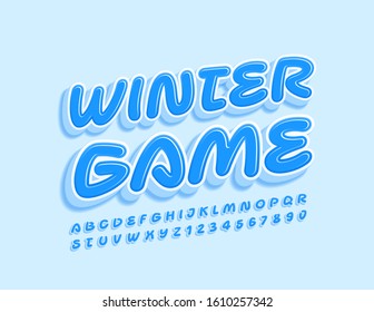 Vector stylish Logo Winter Game. Cute 3D Font for Kids. Blue Alphabet Letters and Numbers.