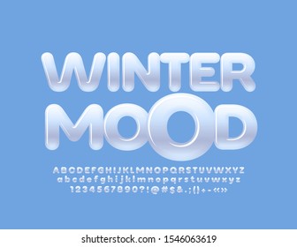 Vector stylish Logo Winter Mood. White Glossy Font. Creative Alphabet Letters, Numbers and Symbols. 