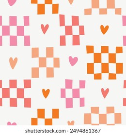 Vector stylish love checkered y2k seamless pattern. Decorative colorful checkers and hearts seamless  texture. Repeating design for fabric, wallpaper or wrapping paper.