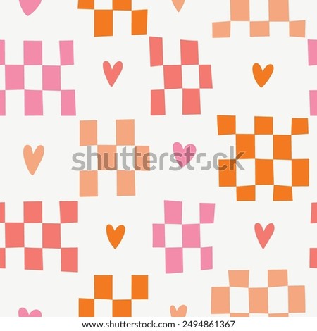 Vector stylish love checkered y2k seamless pattern. Decorative colorful checkers and hearts seamless  texture. Repeating design for fabric, wallpaper or wrapping paper.