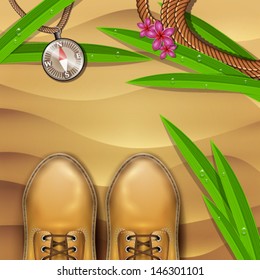 Vector stylish man leather boots in the sand with compass and flowers, leafs illustration