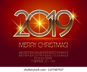 Vector stylish Merry Christmas 2019 Greeting Card with Alphabet set of Letters, Symbols and Numbers. Chic Thin Golden Font