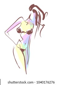 VECTOR 
stylish  original hand-drawn graphic with beautiful young   girl model for design. Fashion, style, youth, fitness, sports, beauty. Graphic, sketch, drawing. Sexy body.


