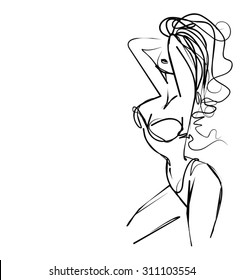 VECTOR 
stylish  original hand-drawn graphic with beautiful young   girl model for design. Fashion, style, youth, fitness, sports, beauty. Graphic, sketch, drawing. Sexy body.
