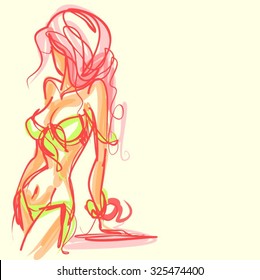 VECTOR 
stylish  original hand-drawn graphic with beautiful young   girl model for design. Fashion, style, youth, fitness, sports, beauty. Graphic, sketch, drawing. Sexy body.
