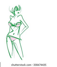 VECTOR 
stylish  original hand-drawn graphic with beautiful young   girl model for design. Fashion, style, youth, fitness, sports, beauty. Graphic, sketch, drawing. Sexy body.
