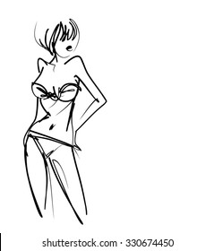VECTOR 
stylish  original hand-drawn graphic with beautiful young   girl model for design. Fashion, style, youth, fitness, sports, beauty. Graphic, sketch, drawing. Sexy body.
