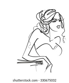 VECTOR 
stylish  original hand-drawn graphic with beautiful young   girl model for design. Fashion, style, youth, fitness, sports, beauty. Graphic, sketch, drawing. Sexy body.
