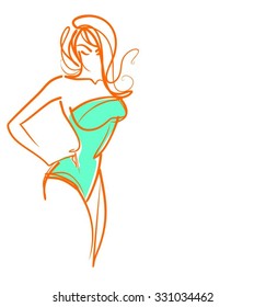 VECTOR 
stylish  original hand-drawn graphic with beautiful young   girl model for design. Fashion, style, youth, fitness, sports, beauty. Graphic, sketch, drawing. Sexy body.
