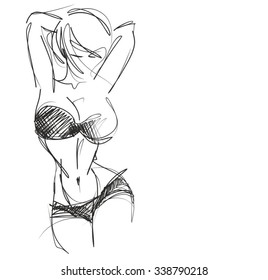 VECTOR 
stylish  original hand-drawn graphic with beautiful young   girl model for design. Fashion, style, youth, fitness, sports, beauty. Graphic, sketch, drawing. Sexy body.
