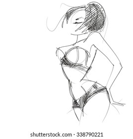 VECTOR 
stylish  original hand-drawn graphic with beautiful young   girl model for design. Fashion, style, youth, fitness, sports, beauty. Graphic, sketch, drawing. Sexy body.
