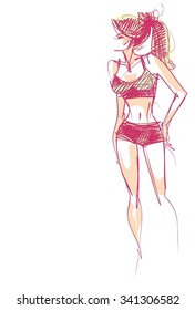 VECTOR 
stylish  original hand-drawn graphic with beautiful young   girl model for design. Fashion, style, youth, fitness, sports, beauty. Graphic, sketch, drawing. Sexy body.
