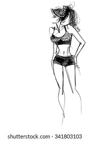 VECTOR 
stylish  original hand-drawn graphic with beautiful young   girl model for design. Fashion, style, youth, fitness, sports, beauty. Graphic, sketch, drawing. Sexy body.

