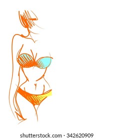 VECTOR 
stylish  original hand-drawn graphic with beautiful young   girl model for design. Fashion, style, youth, fitness, sports, beauty. Graphic, sketch, drawing. Sexy body.
