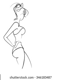   VECTOR  stylish  original hand-drawn graphic with beautiful young   girl model for design. Fashion, style, youth, fitness, sports, beauty. Graphic, sketch, drawing. Sexy body. 