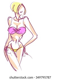 VECTOR 
stylish  original hand-drawn graphic with beautiful young   girl model for design. Fashion, style, youth, fitness, sports, beauty. Graphic, sketch, drawing. Sexy body.
