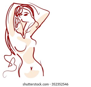 VECTOR  stylish  original hand-drawn graphic with beautiful young   girl model for design. Fashion, style, youth, fitness, sports, beauty. Graphic, sketch, drawing. Sexy body. 