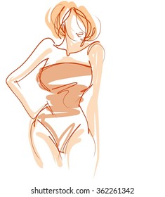 VECTOR 
stylish  original hand-drawn graphic with beautiful young   girl model for design. Fashion, style, youth, fitness, sports, beauty. Graphic, sketch, drawing. Sexy body.
