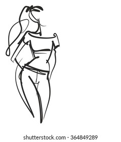 VECTOR 
stylish  original hand-drawn graphic with beautiful young   girl model for design. Fashion, style, youth, fitness, sports, beauty. Graphic, sketch, drawing. Sexy body.
