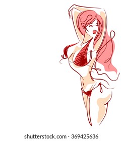 VECTOR 
stylish  original hand-drawn graphic with beautiful young   girl model for design. Fashion, style, youth, fitness, sports, beauty. Graphic, sketch, drawing. Sexy body.

