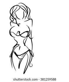 VECTOR  stylish  original hand-drawn graphic with beautiful young   girl model for design. Fashion, style, youth, fitness, sports, beauty. Graphic, sketch, drawing. Sexy body. 