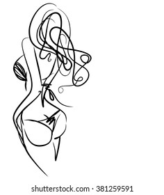 VECTOR  stylish  original hand-drawn graphic with beautiful young   girl model for design. Fashion, style, youth, fitness, sports, beauty. Graphic, sketch, drawing. Sexy body. 