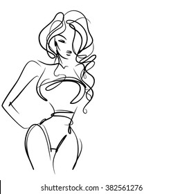 VECTOR 
stylish  original hand-drawn graphic with beautiful young   girl model for design. Fashion, style, youth, fitness, sports, beauty. Graphic, sketch, drawing. Sexy body.

