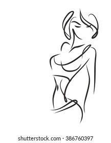 VECTOR  stylish  original hand-drawn graphic with beautiful young   girl model for design. Fashion, style, youth, fitness, sports, beauty. Graphic, sketch, drawing. Sexy body. 