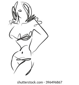 VECTOR 
stylish  original hand-drawn graphic with beautiful young   girl model for design. Fashion, style, youth, fitness, sports, beauty. Graphic, sketch, drawing. Sexy body.
