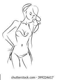 VECTOR 
stylish  original hand-drawn graphic with beautiful young   girl model for design. Fashion, style, youth, fitness, sports, beauty. Graphic, sketch, drawing. Sexy body.