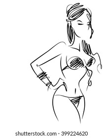 VECTOR 
stylish  original hand-drawn graphic with beautiful young   girl model for design. Fashion, style, youth, fitness, sports, beauty. Graphic, sketch, drawing. Sexy body.