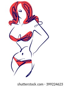 VECTOR 
stylish  original hand-drawn graphic with beautiful young   girl model for design. Fashion, style, youth, fitness, sports, beauty. Graphic, sketch, drawing. Sexy body.