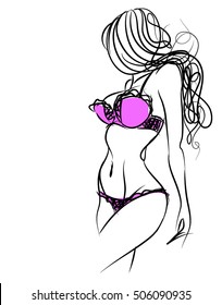 VECTOR stylish  original hand-drawn graphic with beautiful young   girl model for design. Fashion, style, youth, fitness, sports, beauty. Graphic, sketch, drawing. Sexy body.
