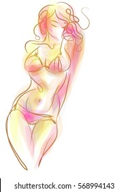 VECTOR 
stylish  original hand-drawn graphic with beautiful young   girl model for design. Fashion, style, youth, fitness, sports, beauty. Graphic, sketch, drawing. Sexy body.

