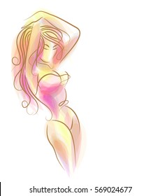 VECTOR 
stylish  original hand-drawn graphic with beautiful young   girl model for design. Fashion, style, youth, fitness, sports, beauty. Graphic, sketch, drawing. Sexy body.
