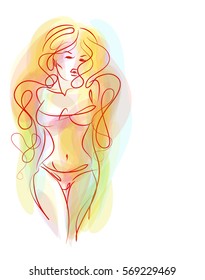 VECTOR 
stylish  original hand-drawn graphic with beautiful young   girl model for design. Fashion, style, youth, fitness, sports, beauty. Graphic, sketch, drawing. Sexy body.
