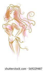 VECTOR 
stylish  original hand-drawn graphic with beautiful young   girl model for design. Fashion, style, youth, fitness, sports, beauty. Graphic, sketch, drawing. Sexy body.
