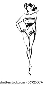 VECTOR 
stylish  original hand-drawn graphic with beautiful young   girl model for design. Fashion, style, youth, fitness, sports, beauty. Graphic, sketch, drawing. Sexy body.

