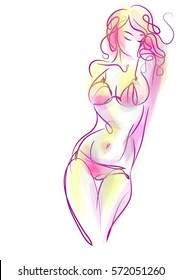 VECTOR stylish  original hand-drawn graphic with beautiful young   girl model for design. Fashion, style, youth, fitness, sports, beauty. Graphic, sketch, drawing. Sexy body.

