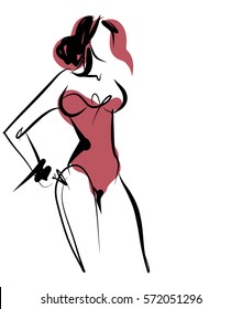VECTOR stylish  original hand-drawn graphic with beautiful young   girl model for design. Fashion, style, youth, fitness, sports, beauty. Graphic, sketch, drawing. Sexy body.

