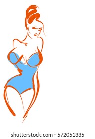 VECTOR 
stylish  original hand-drawn graphic with beautiful young   girl model for design. Fashion, style, youth, fitness, sports, beauty. Graphic, sketch, drawing. Sexy body.

