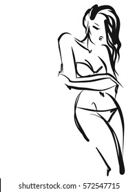 VECTOR 
stylish  original hand-drawn graphic with beautiful young   girl model for design. Fashion, style, youth, fitness, beauty. Graphic, sketch, drawing. Sexy body.

