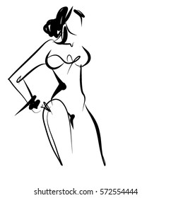 VECTOR 
stylish  original hand-drawn graphic with beautiful young   girl model for design. Fashion, style, youth, fitness, sports, beauty. Graphic, sketch, drawing. Sexy body.
