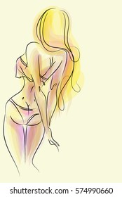 VECTOR 
stylish  original hand-drawn graphic with beautiful young   girl model for design. Fashion, style, youth, fitness, sports, beauty. Graphic, sketch, drawing. Sexy body.

