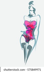 VECTOR 
stylish  original hand-drawn graphic with beautiful young   girl model for design. Fashion, style, youth, fitness, sports, beauty. Graphic, sketch, drawing. Sexy body.
