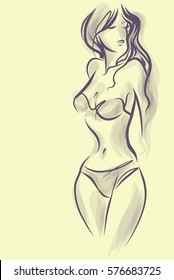 VECTOR 
stylish  original hand-drawn graphic with beautiful young   girl model for design. Fashion, style, youth, fitness, sports, beauty. Graphic, sketch, drawing. Sexy body.
