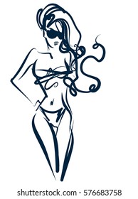 VECTOR 
stylish  original hand-drawn graphic with beautiful young   girl model for design. Fashion, style, youth, fitness, sports, beauty. Graphic, sketch, drawing. Sexy body.
